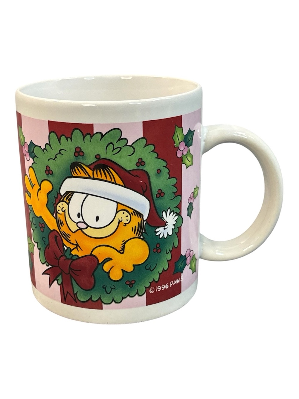 Vintage 1996 Paws HO HO HO Merry Christmas Garfield In A Wreath Mug Coffee Tea